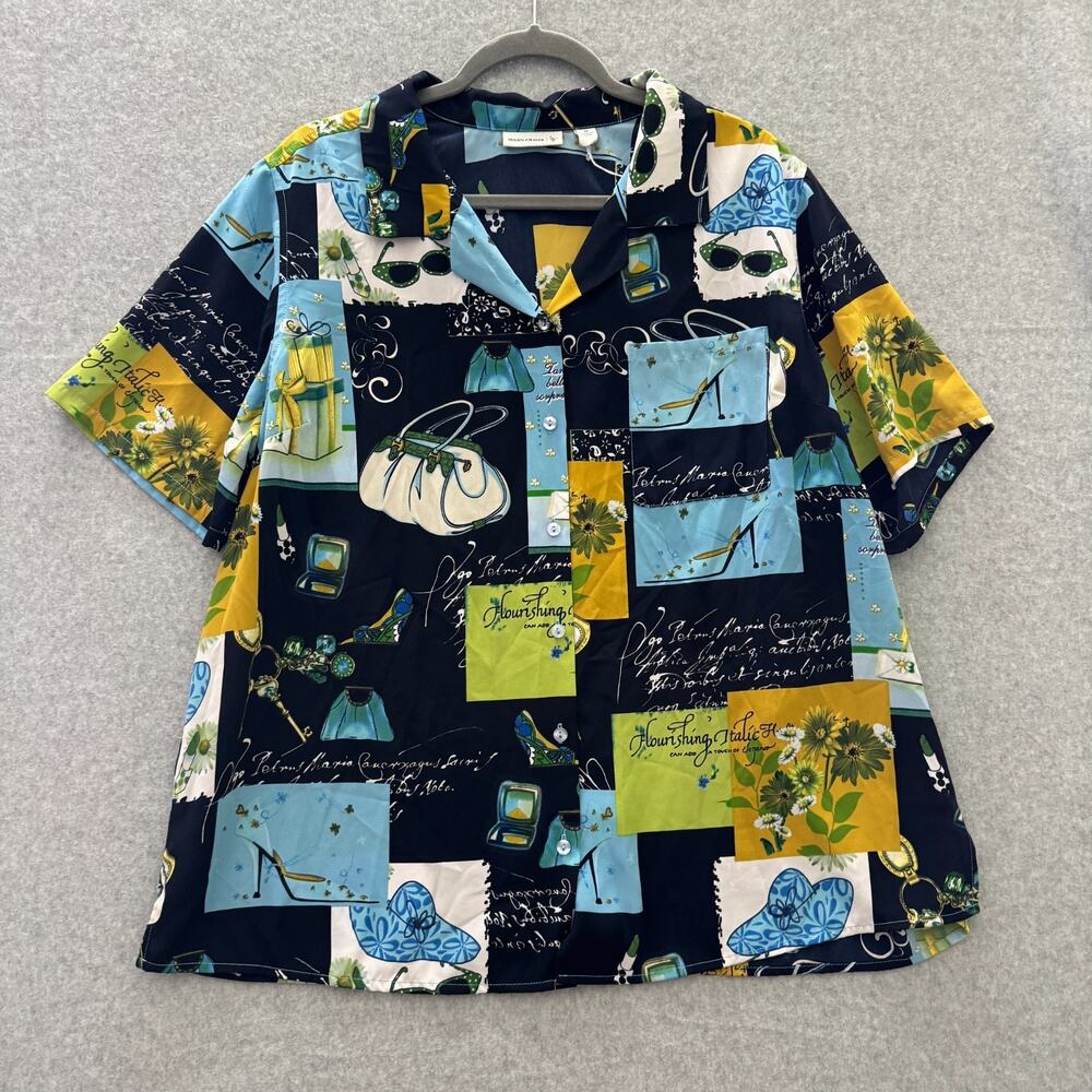 Susan Graver Novelty Printed Button Shirt Sz 1X Blue Multi Colorful Eclectic New